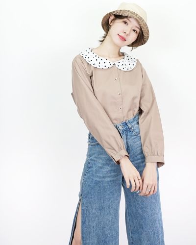 SANDALWOOD DOT COLLAR COTTON BLOUSE-KHAKI