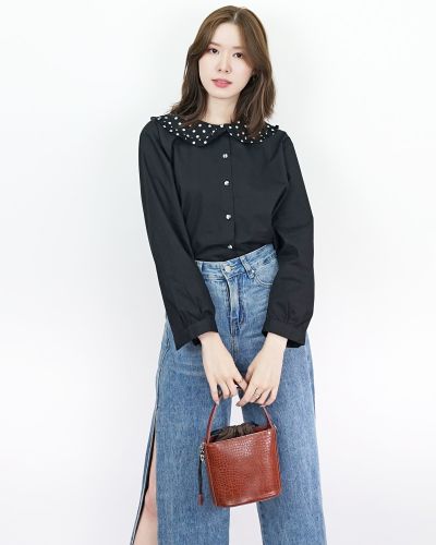 SANDALWOOD DOT COLLAR COTTON BLOUSE-BLACK