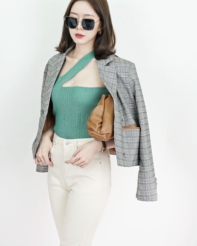 MEZZO PLAID OVERSIZED BLAZER-BROWN-L