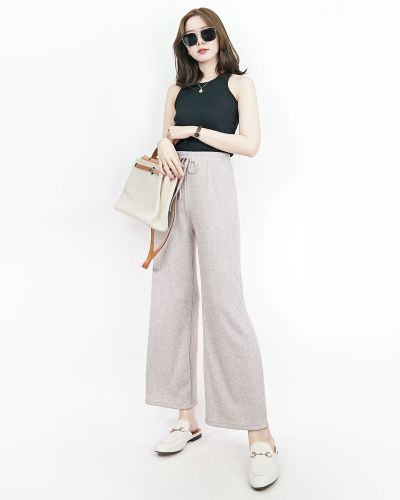 BASIC RIBBED KNIT PANTS-BROWN
