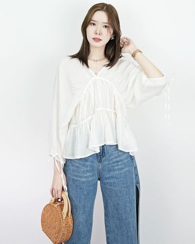 CASCADE BOW SLEEVE SLOUCHY BLOUSE-VANILLA