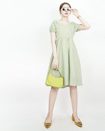 DELISH MINI GINGHAM TIE WAIST MIDI DRESS-MATCHA