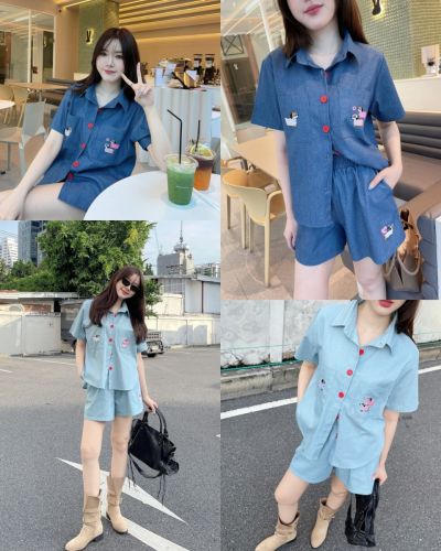 LUCKY DACHSHUND DENIM SHIRT & SHORTS SET