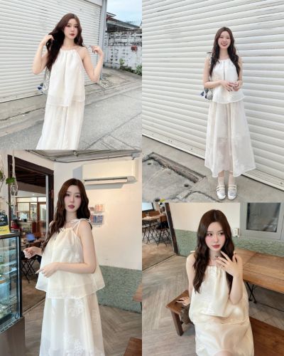 CHRYSAN EMBROIDERY TOP & SKIRT ORGANDY SET