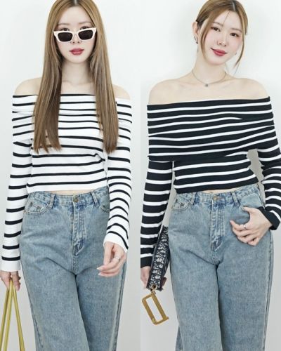STRIPE OFF SHOULDER KNIT TOP
