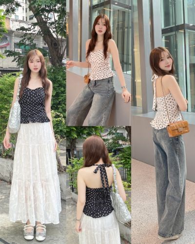 LUNIE POLKADOT TIE NECK TOP