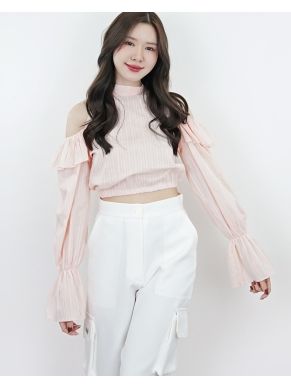 GLAZED DONUT BOW CROPPED BLOUSE-PEACH-S